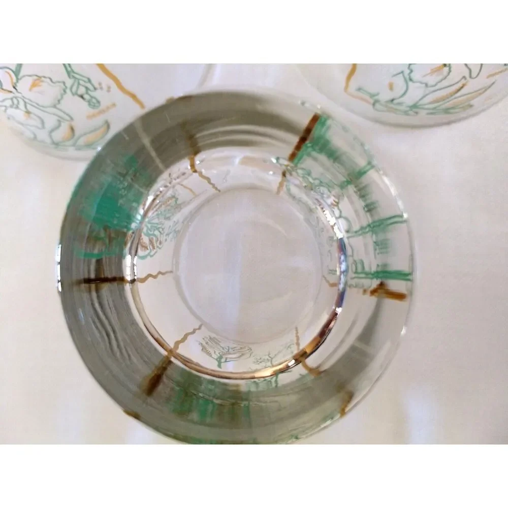 MCM Rocks Lowball Glasses‎ Spices Green & Gold Vintage Barware Set of 3